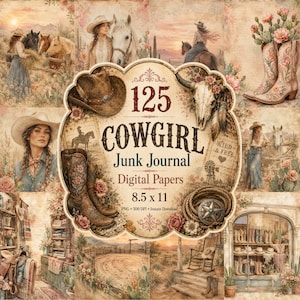 Puede incluir: Una colección de papel digital titulada 125 COWGIRL Junk Journal que presenta ilustraciones de temática western, incluyendo vaqueras, caballos, botas de vaquero, sombreros, un cráneo de buey y paisajes desérticos con cactus en tono sepia.