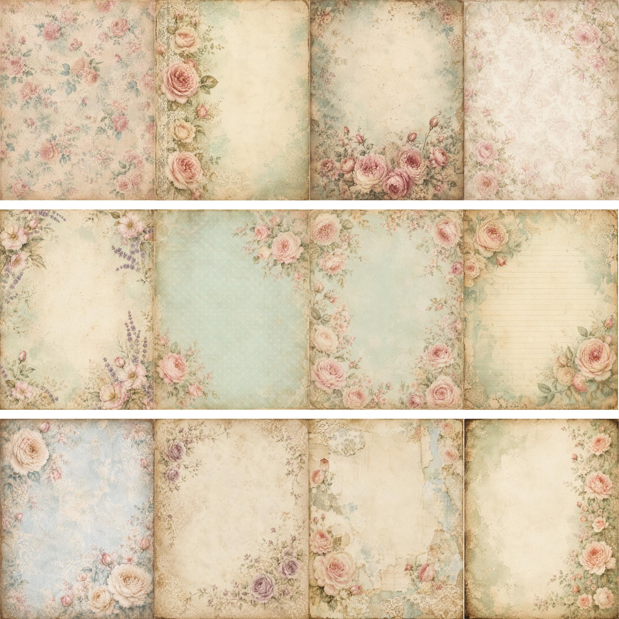 Floral Shabby Chic Digital Papers, Vintage Rose Junk Journal Pages (8.5 ...