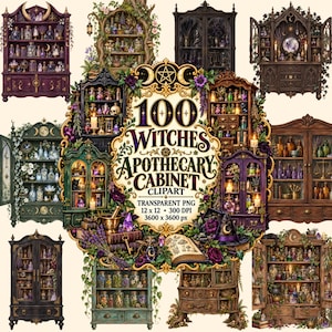 Puede incluir: Una colección digital de 100 imágenes clipart de gabinetes de boticario de bruja con muebles de madera, botellas de vidrio, cristales y objetos mágicos. El texto central dice 100 WITCHES APOTHECARY CABINET CLIPART, TRANSPARENT PNG, 12 x 12, 300 DPI, 3600 x 3600 px.
