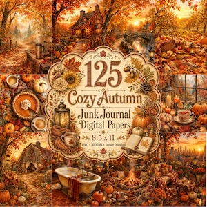 May include: A digital collection of 125 Cozy Autumn Junk Journal papers featuring various fall-themed scenes including pumpkins, rustic houses, lanterns, bathtubs, and open books, with text reading 125 Cozy Autumn Junk Journal Papers 8.5 x 11.