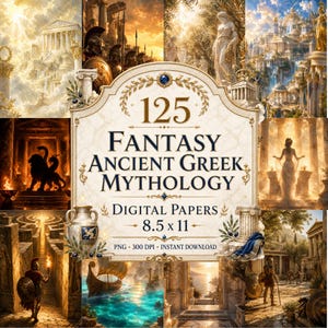 May include: A digital paper set featuring 125 fantasy images inspired by Ancient Greek mythology. The artwork includes scenes of temples, statues, and mythological creatures. The paper size is 8.5 x 11 inches. The image is available as a PNG file at 300 DPI.