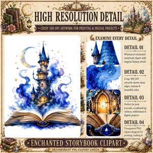 Puede incluir: Ilustraci&oacute;n de un castillo encantado en tonos azules, emergiendo de un libro abierto. La imagen incluye texto que dice "High Resolution Detail" y "Enchanted Storybook Clipart", ideal para proyectos digitales.