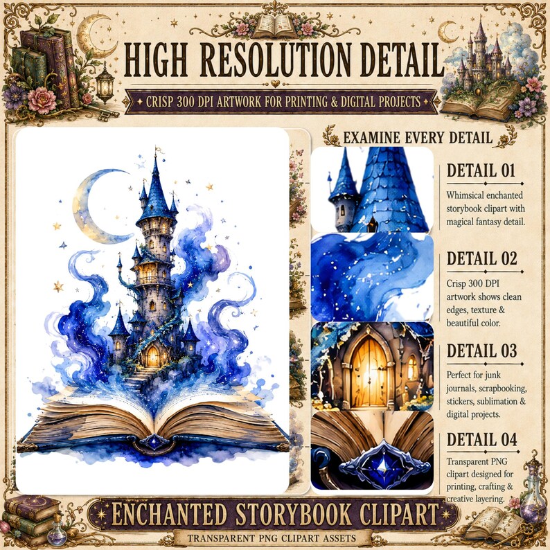 Puede incluir: Ilustraci&oacute;n de un castillo encantado en tonos azules, emergiendo de un libro abierto. La imagen incluye texto que dice "High Resolution Detail" y "Enchanted Storybook Clipart", ideal para proyectos digitales.