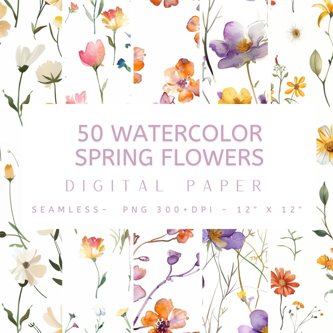 50 Watercolor Spring Flowers Digital Paper - Seamless Printable ...