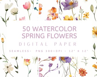50 Watercolor Spring Flowers Digital Paper - Seamless Printable ...