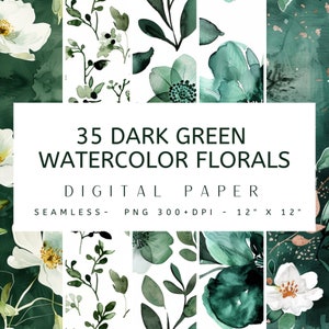 35 papier imprimable floral vert foncé aquarelle sans couture - shabby chic, téléchargement numérique fleurs sauvages scrapbooking indésirable journal éphémères PNG PDF