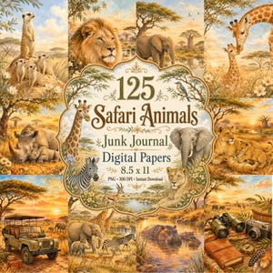 Pages de journal indésirable animaux de safari, papier numérique Golden Savanna, papier de scrapbooking faune 8,5 x 11