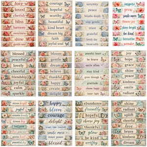 May include: A collection of rectangular paper labels featuring floral patterns, butterflies, and inspirational words such as love, courage, serenity, and inspire. The labels are arranged in a grid, each displaying unique text and botanical illustrations.