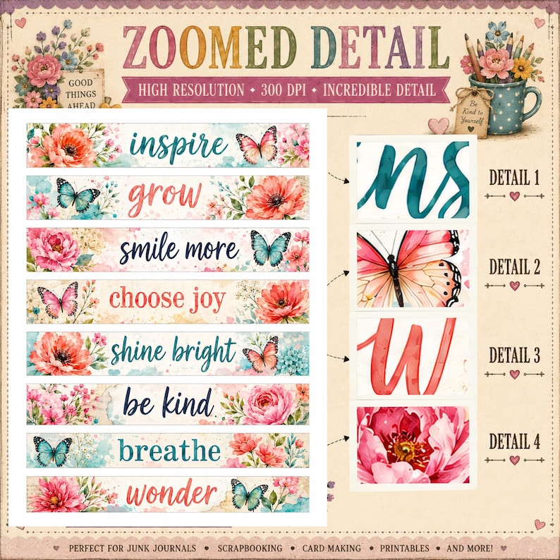 May include: A digital sheet of eight rectangular labels featuring watercolor floral designs and butterflies. Each label contains an inspirational phrase: inspire, grow, smile more, choose joy, shine bright, be kind, breathe, and wonder.