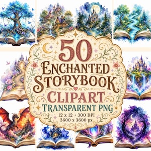 Puede incluir: Una colecci&oacute;n de 50 im&aacute;genes de Enchanted Storybook Clipart. Las ilustraciones son escenas de fantas&iacute;a, como castillos y dragones, presentadas como libros abiertos. El texto "50 Enchanted Storybook Clipart Transparent PNG" est&aacute; visible.
