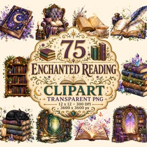 Könnte beinhalten: Eine Sammlung von Aquarellillustrationen mit Büchern, einem Lesesessel und dekorativen Elementen. Das zentrale Designelement lautet "75 Enchanted Reading Clipart" mit Abmessungen von 30.48 x 30.48 cm bei 300 DPI.