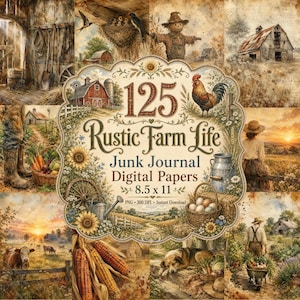 Könnte beinhalten: Eine digitale Sammlung von 125 Rustic Farm Life Junk Journal Papieren mit Bauernhofszenen, einer Vogelscheuche, einem Hahn, einer Scheune und einer Person auf einem Feld. Der zentrale Text lautet 125 Rustic Farm Life Junk Journal Digital Papers 8.5 x 11.