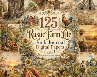 Puede incluir: Una colección digital de 125 papeles de diario Rustic Farm Life con escenas de granja, un espantapájaros, un gallo, un granero y una persona en un campo. El texto central dice 125 Rustic Farm Life Junk Journal Digital Papers 8.5 x 11.