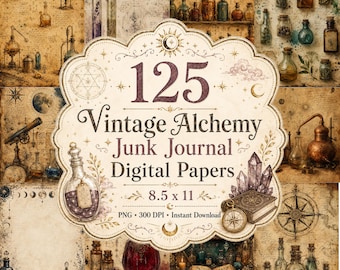 Könnte beinhalten: Eine Collage von digitalen Papieren im Vintage-Stil mit einem Alchemie-Thema. Das Bild zeigt verschiedene Zaubertränke, Kristalle und einen Kompass. Das zentrale Designelement ist ein dekoratives Etikett mit dem Text "125 Vintage Alchemy Junk Journal Digital Papers 21.59 x 27.94 cm".