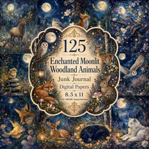 Enchanted Woodland Animals Junk Journal Papers, 8.5x11 PNG, Moonlit Forest Digital Paper, Printable Scrapbook Pages