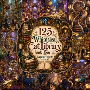 May include: A digital collection of 125 cat library junk journal papers featuring various scenes of cats in libraries, reading books, and sitting on shelves. The central text reads 125 Whimsical Cat Library Junk Journal Digital Papers 8.5 x 11.