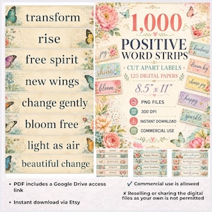 May include: A digital collection of 1,000 positive word strips and 125 papers featuring floral designs, butterflies, and phrases like transform, rise, free spirit, new wings, change gently, bloom free, light as air, and beautiful change, sized 8.5" x 11".