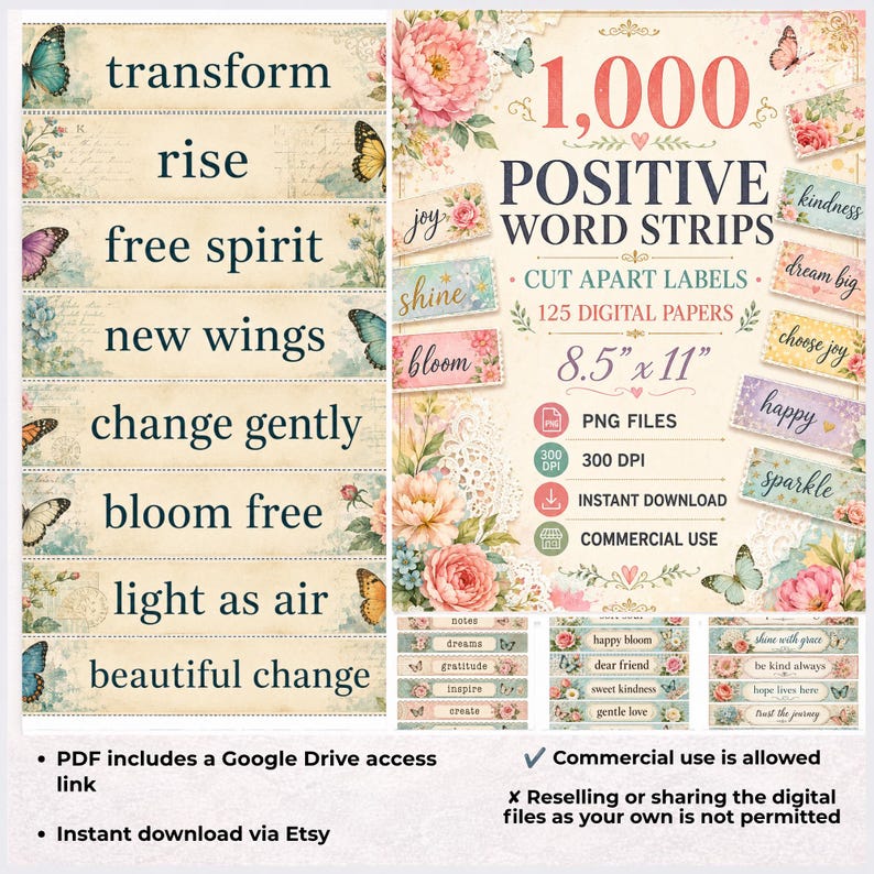 May include: A digital collection of 1,000 positive word strips and 125 papers featuring floral designs, butterflies, and phrases like transform, rise, free spirit, new wings, change gently, bloom free, light as air, and beautiful change, sized 8.5" x 11".
