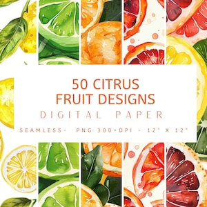 50 disegni di carta digitale con agrumi ad acquerello: design senza soluzione di continuità, carta digitale, download istantaneo, diario spazzatura, scrapbooking, creazione di biglietti, PNG