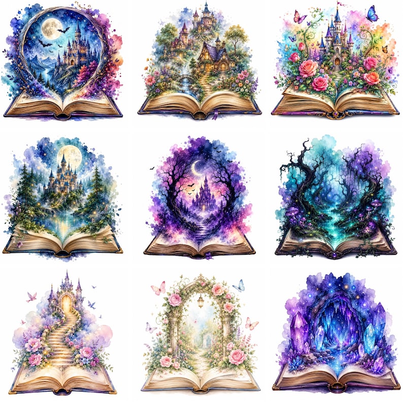 Puede incluir: Una colecci&oacute;n de nueve ilustraciones en acuarela de libros abiertos, cada una representando una escena de fantas&iacute;a diferente. Las escenas incluyen castillos, bosques y paisajes m&aacute;gicos, con colores vibrantes y detalles caprichosos. Tambi&eacute;n hay mariposas y flores.