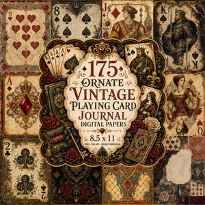 Peut inclure: Une collection numérique de 175 papiers de journal ornés de cartes à jouer vintage, présentant des illustrations complexes de rois, reines et valets, ainsi que des enseignes classiques, des motifs floraux et des livres anciens, mesurant 21,6 x 27,9 cm.