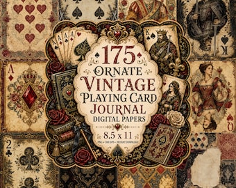 Könnte beinhalten: Eine digitale Sammlung von 175 verzierten Vintage-Spielkarten-Journalpapieren mit komplexen Illustrationen von Königen, Königinnen und Buben sowie klassischen Kartensymbolen, Blumenmustern und antiken Buchmotiven, in der Größe 21,6 x 27,9 cm.