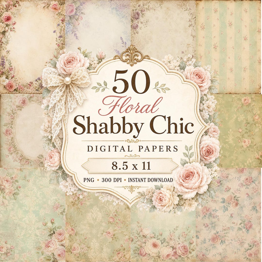 Floral Shabby Chic Digital Papers, Vintage Rose Junk Journal Pages (8.5 ...