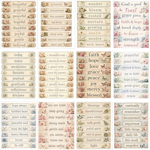 May include: A collection of rectangular paper stickers featuring vintage-style floral borders, butterflies, and inspirational text phrases such as beautiful, grateful, faith, hope, and loved deeply, arranged in a grid layout on a light background.