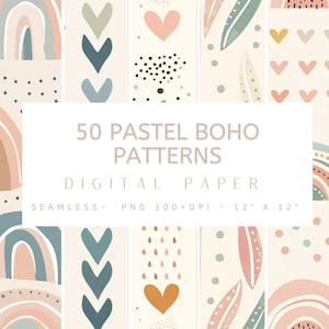 50 Pastell Boho Muster Digitales Papier - Nahtloses Design, digitales Papier, Sofortiger Download, Junk Journal, Scrapbooking, Kartenherstellung, PNG Dateien