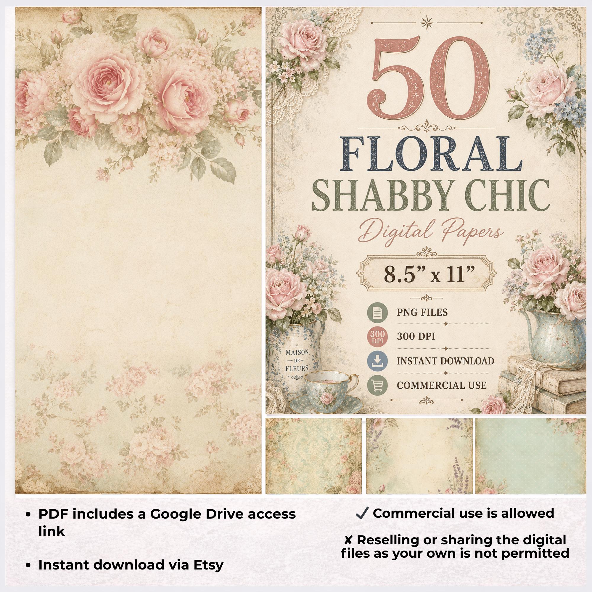 Floral Shabby Chic Digital Papers, Vintage Rose Junk Journal Pages (8.5 ...