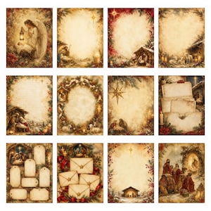 Puede incluir: Una colecci&oacute;n de doce hojas de papel de carta rectangulares con escenas navide&ntilde;as de nacimiento en estilo vintage, que incluyen &aacute;ngeles, pesebres y reyes magos, con bordes decorativos de acebo, pino y velas, y &aacute;reas en blanco para escribir.