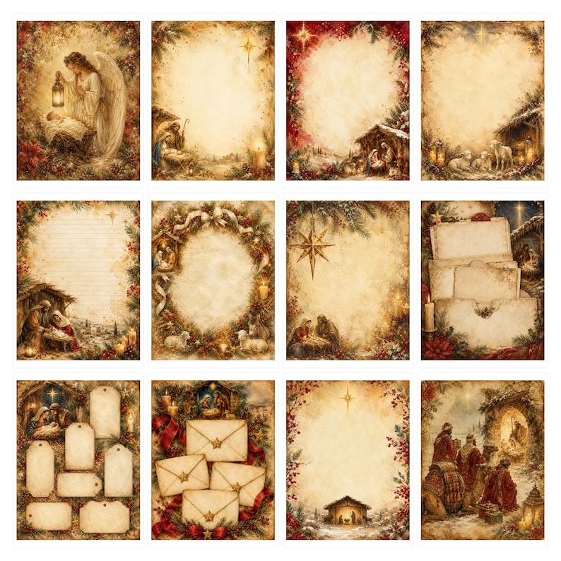 Puede incluir: Una colecci&oacute;n de doce hojas de papel de carta rectangulares con escenas navide&ntilde;as de nacimiento en estilo vintage, que incluyen &aacute;ngeles, pesebres y reyes magos, con bordes decorativos de acebo, pino y velas, y &aacute;reas en blanco para escribir.