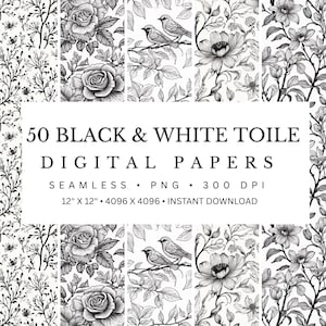 May include: Black and white digital papers featuring floral and bird designs. The image includes the text "50 BLACK & WHITE TOILE DIGITAL PAPERS" and "12" X 12" 4096 X 4096 INSTANT DOWNLOAD". The papers are seamless and PNG format.