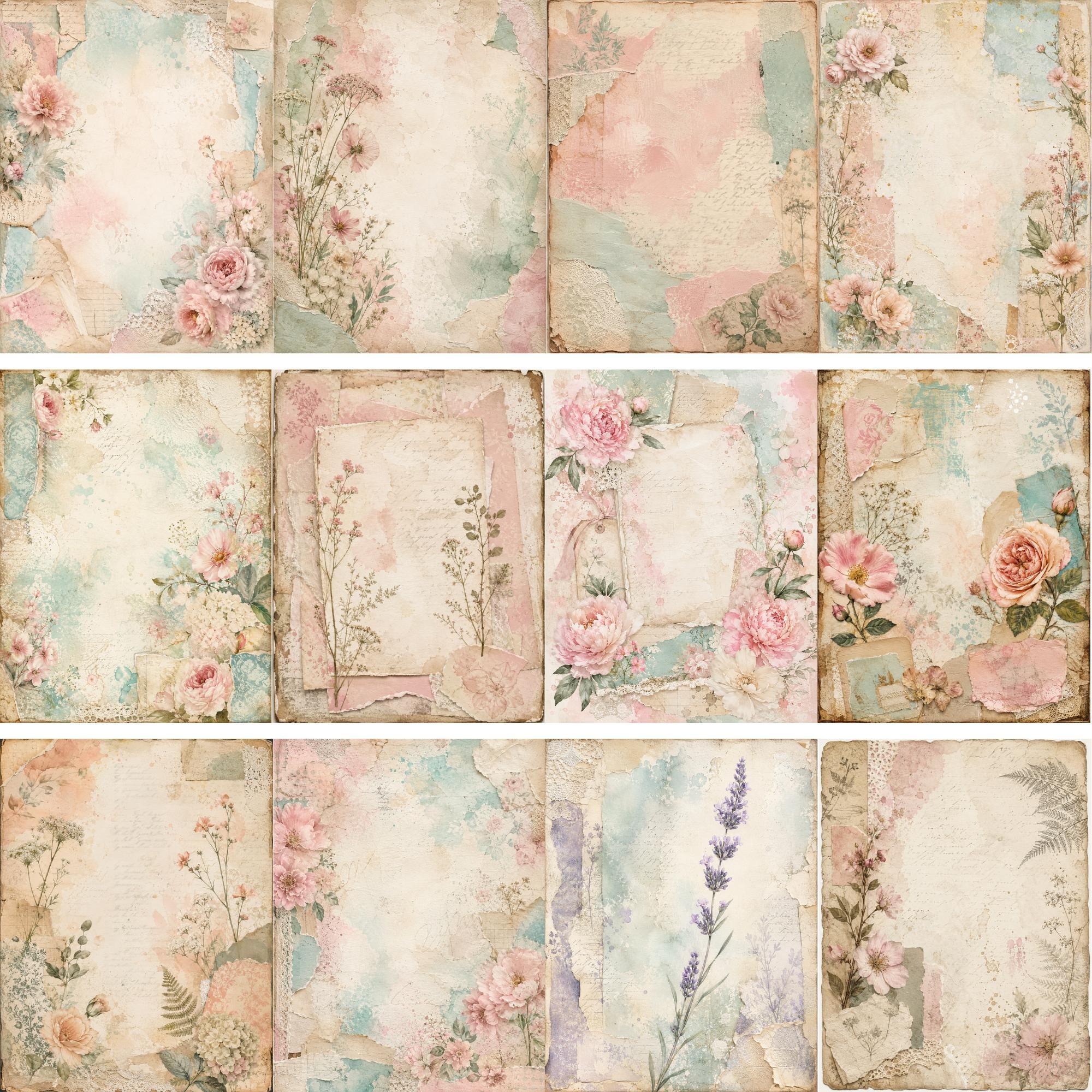 Pastel Mixed Media Junk Journal Pages, Collage Digital Papers (8.5 X 11 ...