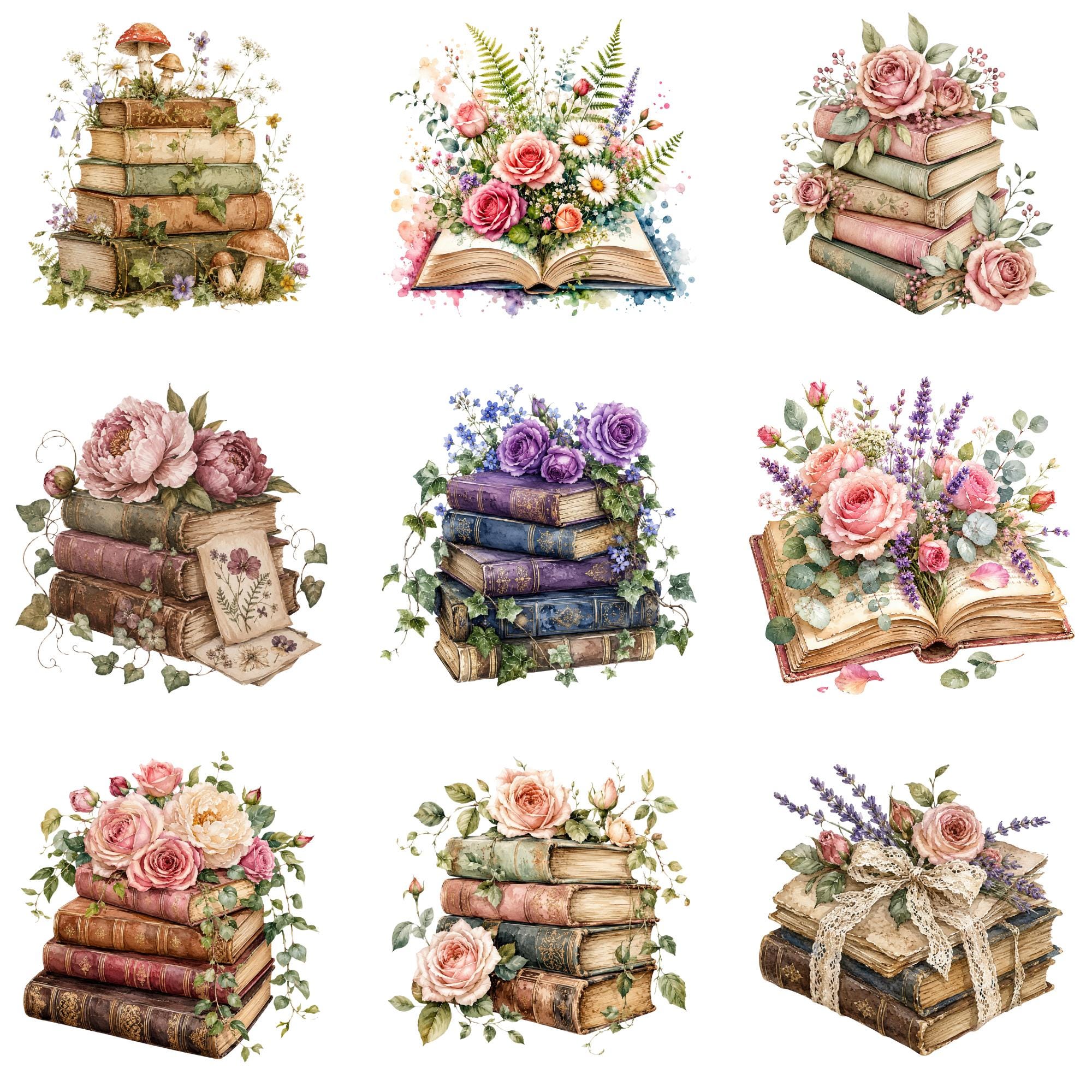 Vintage Floral Books Clipart PNG, Cottagecore Book Stack Watercolor ...