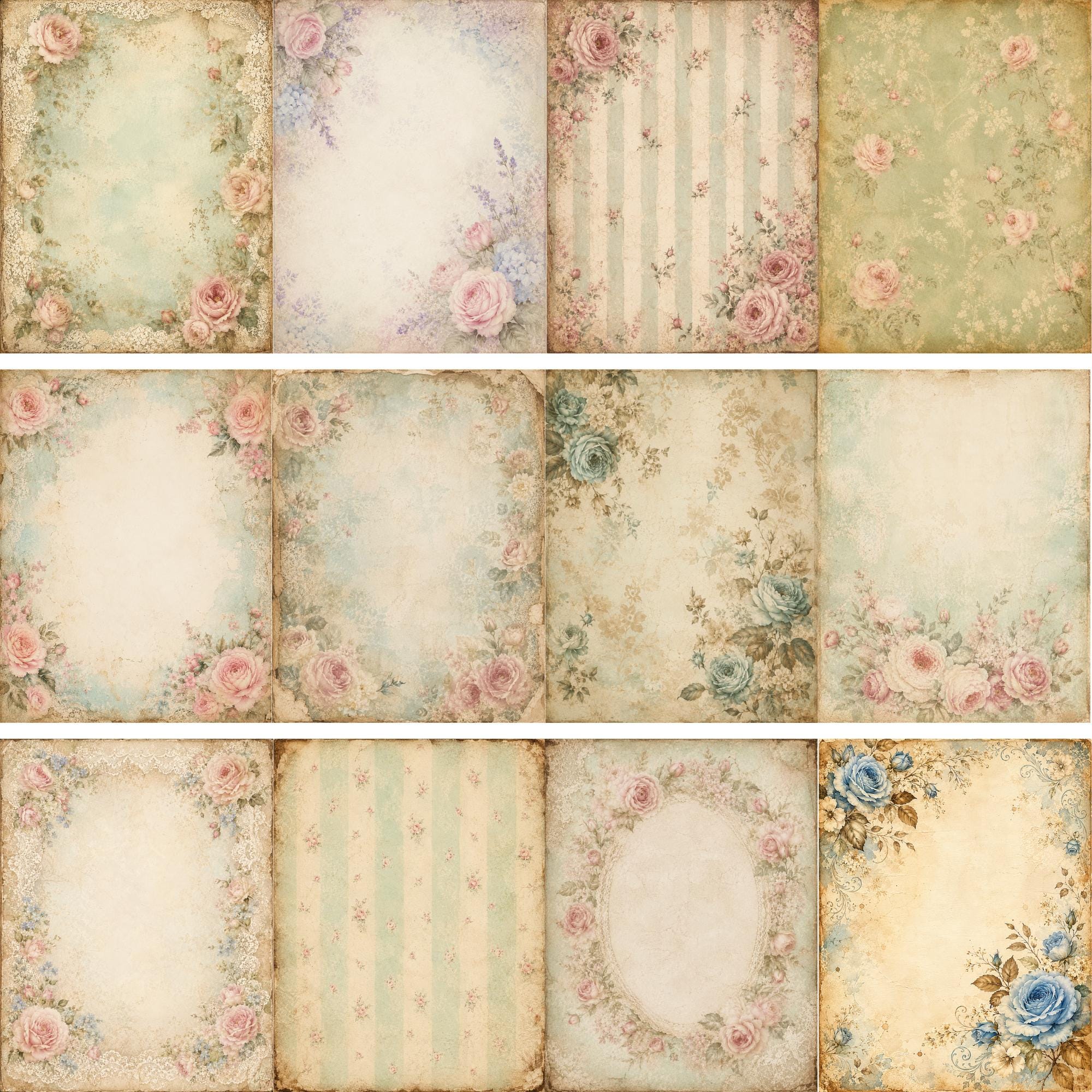 Floral Shabby Chic Digital Papers, Vintage Rose Junk Journal Pages (8.5 ...