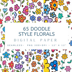 May include: A set of 65 digital papers featuring doodle-style floral patterns. Each paper is 12 inches by 12 inches and has a 300+ DPI resolution. The patterns are colorful and feature a variety of flowers, leaves, and other floral elements.