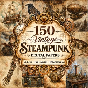 Puede incluir: Un collage de papeles digitales steampunk vintage. El diseño central presenta un marco decorativo con las palabras "150 Vintage Steampunk Digital Papers". La imagen incluye un reloj, engranajes, un cuervo y un dirigible steampunk. Los papeles miden 21,59 x 27,94 cm.