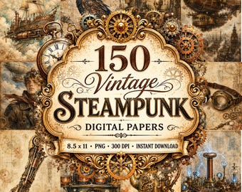 Kit per junk journal steampunk vintage, 150 carte PNG stampabili (8,5x11 pollici)