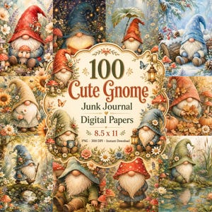 Peut inclure: Une collection numérique de 100 papiers de journal intime sur le thème des gnomes avec diverses illustrations de gnomes dans des décors saisonniers, avec le texte 100 Cute Gnome Junk Journal Digital Papers 8.5 x 11 PNG 300 DPI Instant Download.