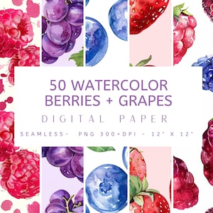 50 diseños de papel digital de bayas y uvas de acuarela - imprimible sin costuras, papel digital, descarga instantánea, diario basura, scrapbooking,