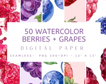50 digitale papierontwerpen aquarel bessen en druiven - naadloos afdrukbaar, digitaal papier, instant download, junk Journal, scrapbooking,