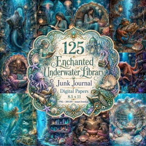 Può includere: Una collezione digitale di 125 fogli per junk journal Enchanted Underwater Library, 21,6 x 27,9 cm, con illustrazioni dettagliate di sirene, creature marine e biblioteche acquatiche con libri, conchiglie e perle in tonalità blu e turchese.