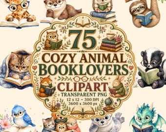 May include: A digital collection of 75 Cozy Animal Booklovers clipart images in transparent PNG format. The central emblem features the text 75 COZY ANIMAL BOOKLOVERS CLIPART, surrounded by illustrations of animals like a giraffe, otter, and dragon reading books.
