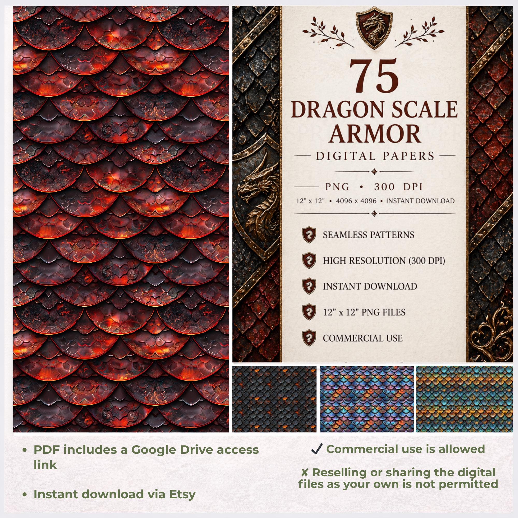 Dragon Scale Armor Seamless Digital Papers | Fantasy Texture Pack (PNG ...