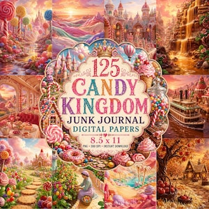 May include: A digital collection of 125 Candy Kingdom junk journal papers featuring vibrant illustrations of whimsical landscapes, castles, and sweets. The central label displays the text 125 CANDY KINGDOM JUNK JOURNAL DIGITAL PAPERS 8.5 x 11.