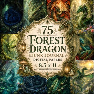 以下が含まれることがあります： 森をテーマにしたデジタルペーパーのコレクション。画像には「75 FOREST DRAGON JUNK JOURNAL DIGITAL PAPERS 8.5 x 11」というテキストが含まれています。さまざまな色とポーズのドラゴンが、豊かな葉に囲まれて描かれています。