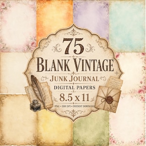 Op de afbeelding: Een verzameling van 75 blanco vintage digitale papieren voor junk journals. De papieren hebben een verscheidenheid aan kleuren en texturen, met bloemen- en verouderde papierontwerpen. De papieren zijn 21,59 x 27,94 cm groot.