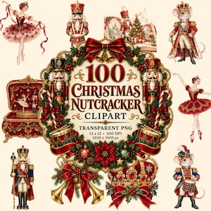 Puede incluir: Una colección digital de 100 imágenes prediseñadas de Cascanueces navideños que incluye bailarinas, soldados cascanueces, ratones con uniformes reales, tambores, trompetas y coronas adornadas con lazos rojos, flores de pascua y campanas doradas.