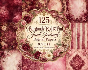 Burgundy Red & Pink Junk Journal Papers, 8.5x11 PNG, 300 DPI, Romantic Floral Digital Paper, Printable Scrapbook Pages